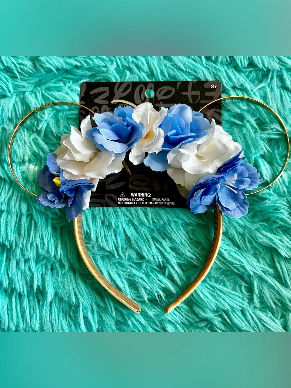 Disney Floral Mickey Mouse Ears Headband Blue White Gold Flower Accents Minnie
